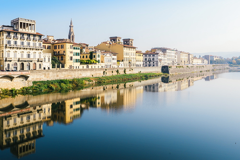 Reflection of buildings on River Arno, Florence, Tuscany, Italy, Europe