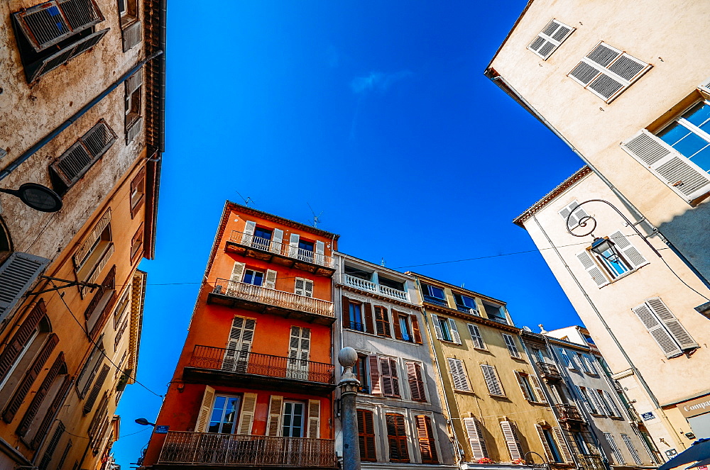 Wide angle view of traditional Provencal architecture in Antibes, Cote d'Azur, Provence, France, Europe