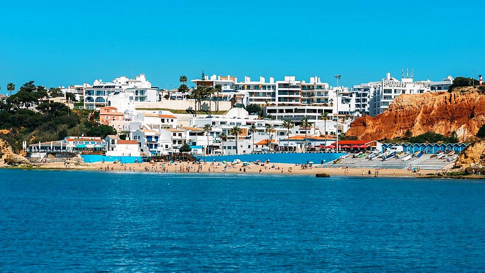 View of Beach Olhos de Agua from the sea in the southern Portuguese region of Algarve