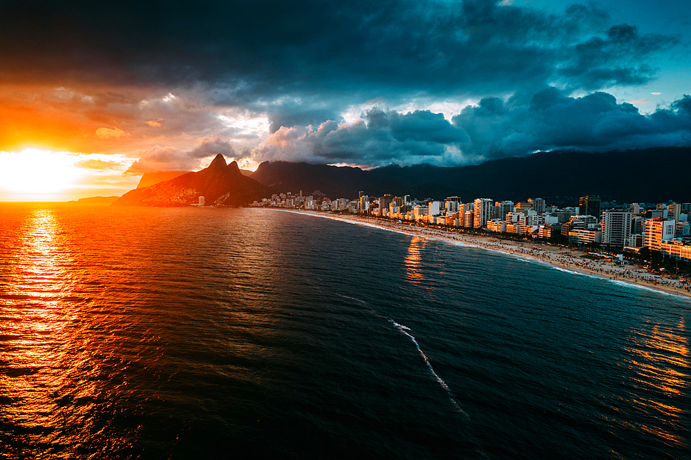 Aerial drone view of Ipanema and Leblon beaches at sunset, Rio de Janeiro, Brazil, South America