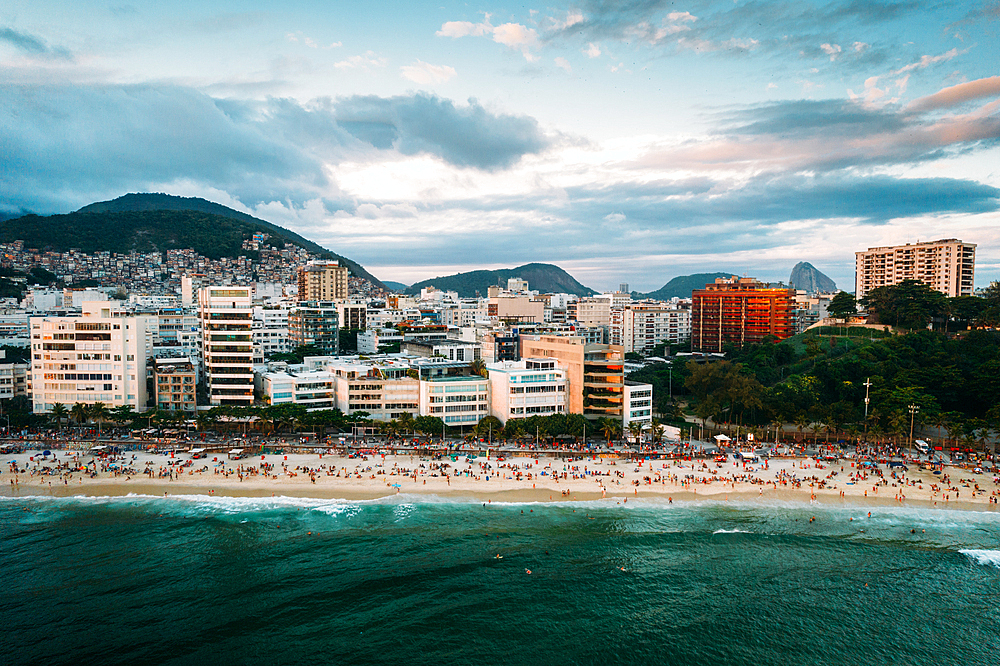 Aerial drone view of Ipanema Beach and neighbourhood, Rio de Janeiro, Brazil, South America