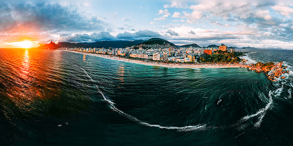 Aerial drone panorama of Ipanema and Copacabana beaches at sunset, Rio de Janeiro, Brazil, South America