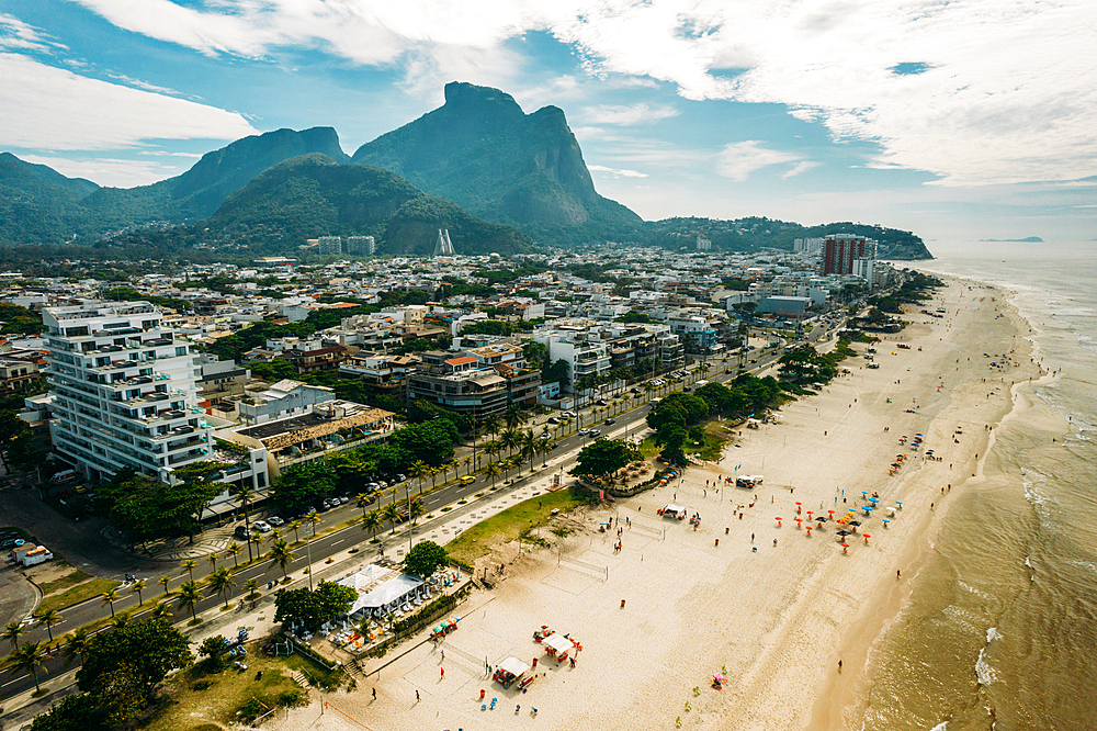 Aerial view of Pepe Beach and Pedra da Gavea in Barra da Tijuca district, a western neighborhood in Rio de Janeiro, Brazil, South America