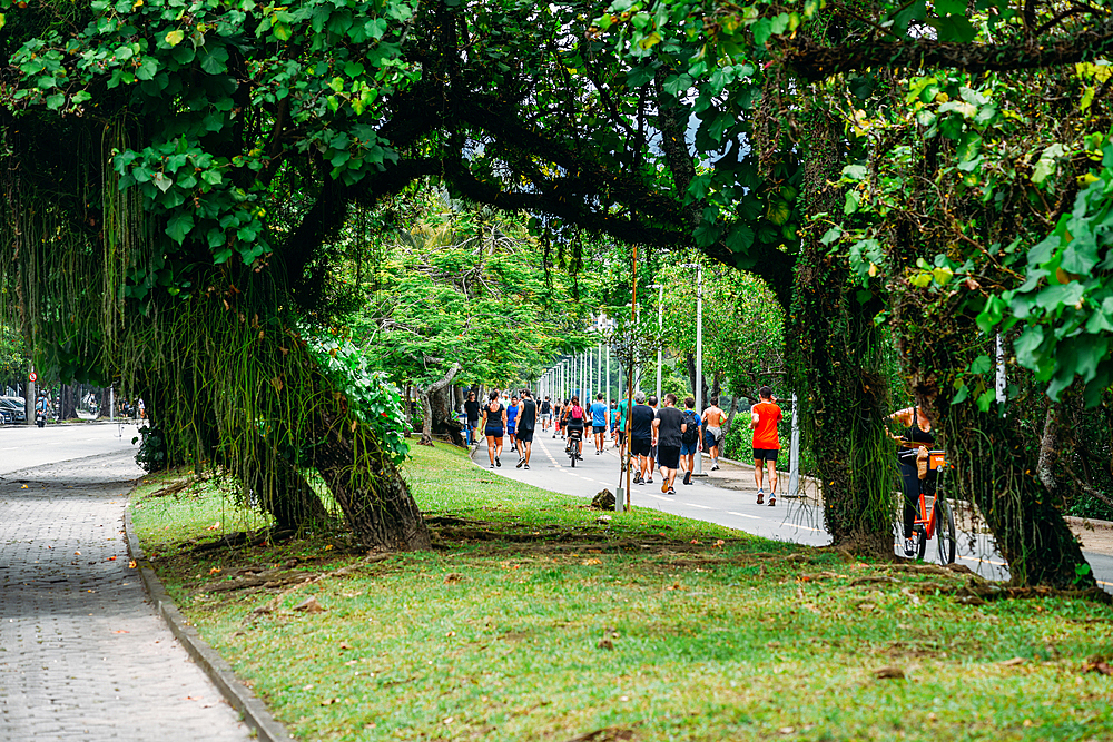 People stroll along the pedestrian path alongside Lagoa Rodrigo de Freitas, Rio de Janeiro, Brazil, South America