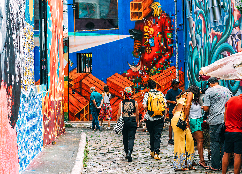 Beco do Batman, the nickname for the area around the Vila Madalena neighborhood with its dense concentation of graffiti lining the streets, popular with tourists, Sao Paulo, Brazil, South America