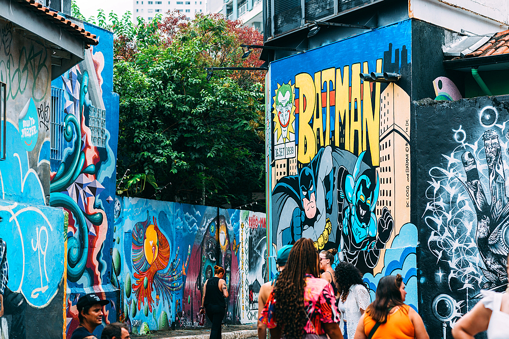 Beco do Batman, the nickname for the area around the Vila Madalena neighborhood with its dense concentation of graffiti lining the streets, popular with tourists, Sao Paulo, Brazil, South America