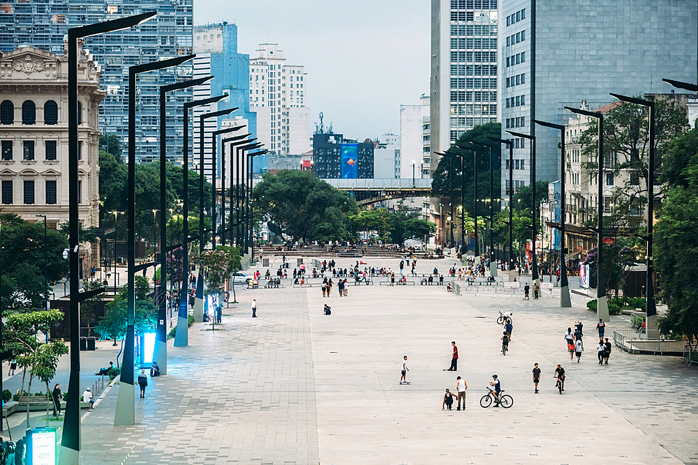 High perspective view of people and financial buildings at Vale Do Anhangabau, Sao Paulo, Brazil, South America