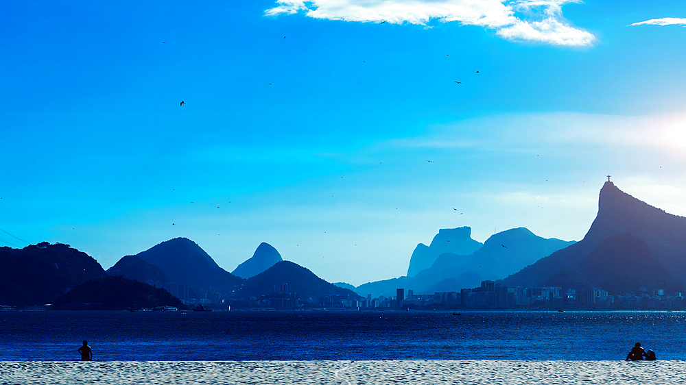 View of Icarai beach in Niteroi, overlooking Guanabara Bay and hills of the city, UNESCO World Heritage Site, Rio de Janeiro, Brazil, South America