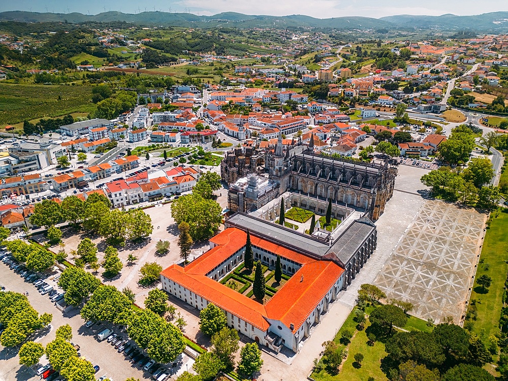 Aerial of the Monastery of the Dominicans of Batalha, built to commemorate the Portuguese victory over the Castilians at the battle of Aljubarrota in 1385, UNESCO World Heritage Site, Batalha, Centro, Portugal, Europe