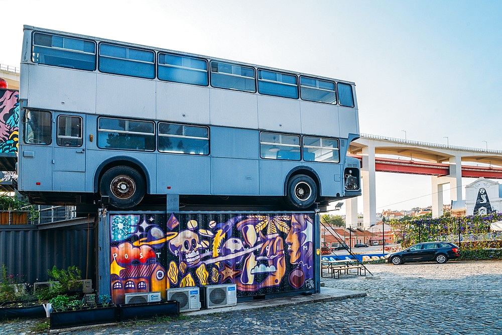 Village Underground Lisboa, an international platform for creativity, art, and culture, built with two buses and 14 shipping containers converted into creative spaces, Lisbon, Portugal, Europe