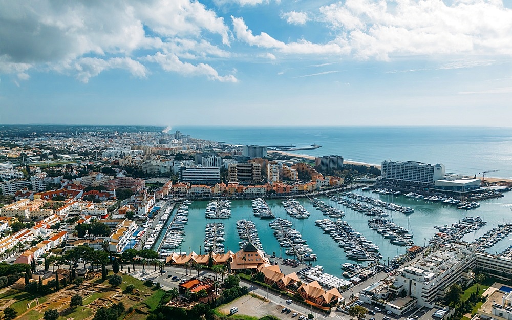 Aerial drone view of Vilamoura Marina in Vilamoura, Algarve, Portugal