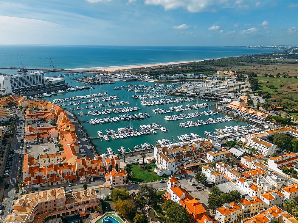 Aerial drone view of Vilamoura Marina in Vilamoura, Algarve, Portugal