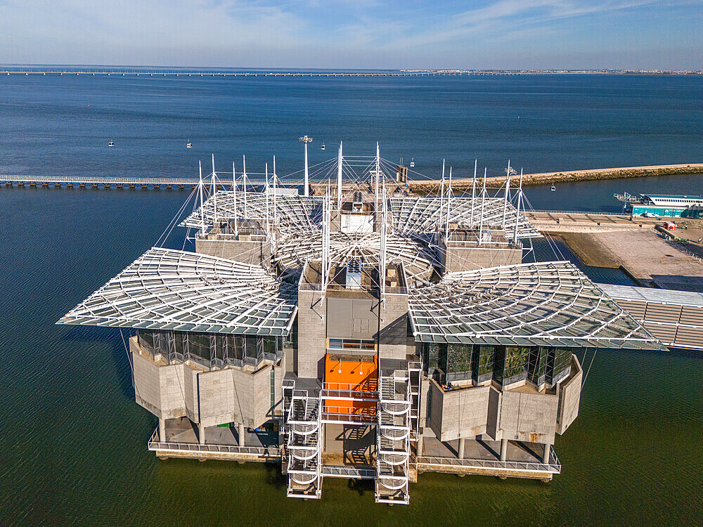 Aerial view of Lisbon Oceanario aquarium at Parque das Nacoes in Lisbon, Portugal