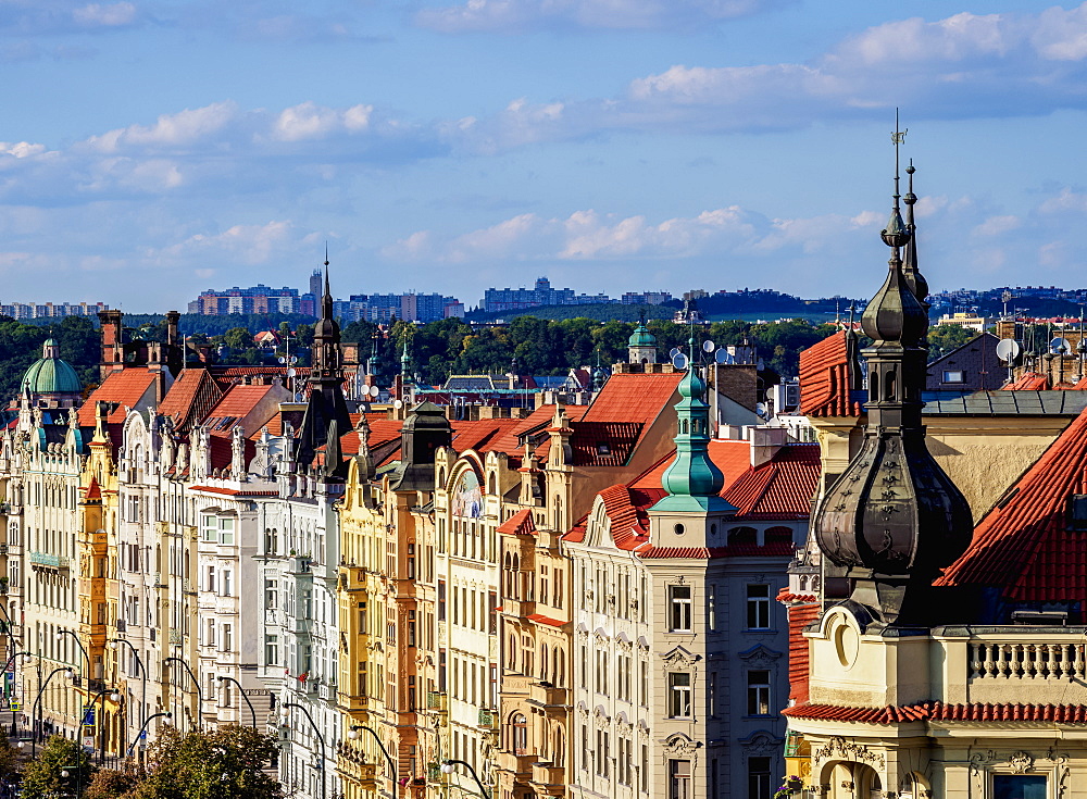 Architecture of the Nove Mesto (New Town), Masarykovo Street, elevated view, Prague, Bohemia Region, Czech Republic, Europe