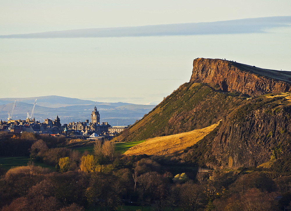 View towards Holyrood Park and city centre taken from the Craigmillar Castle, Edinburgh, Lothian, Scotland, United Kingdom, Europe