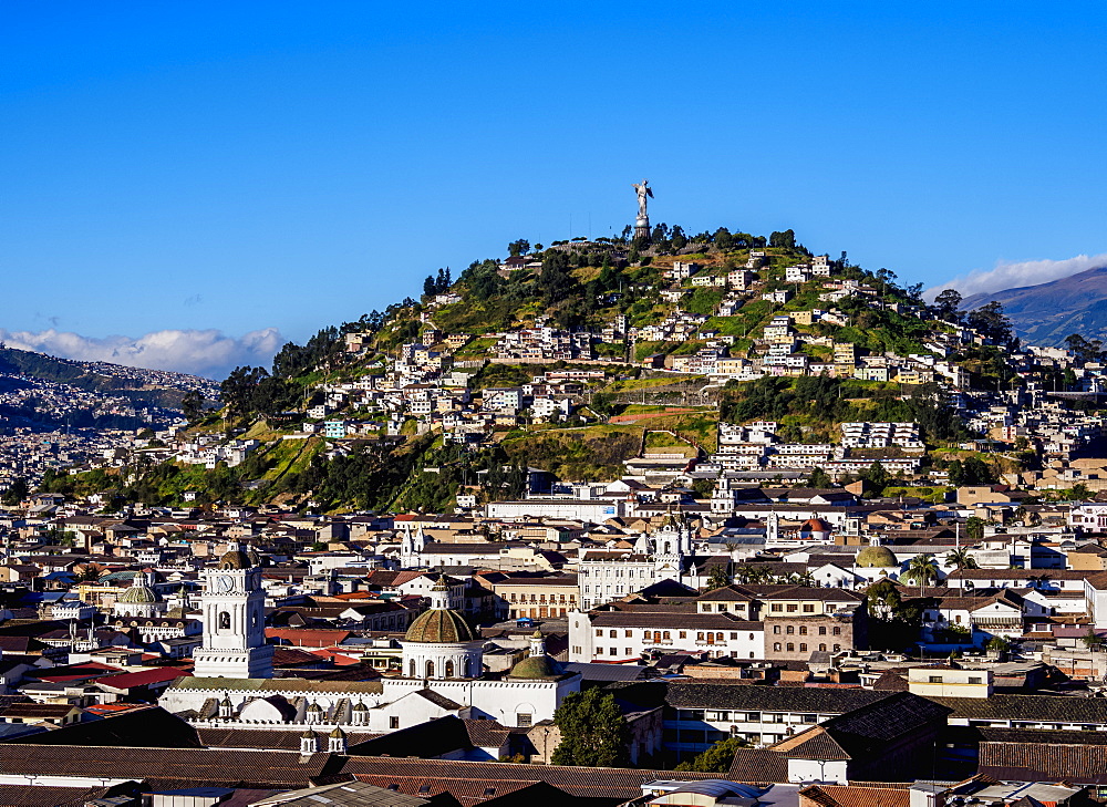 View over Old Town towards El Panecillo Hill, Quito, Pichincha Province, Ecuador, South America