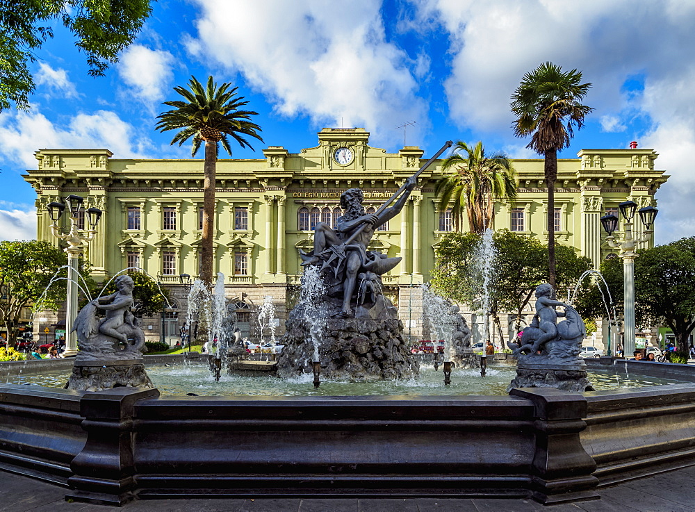 Neptune Fountain and Maldonado National College, Sucre Park, Riobamba, Chimborazo Province, Ecuador, South America