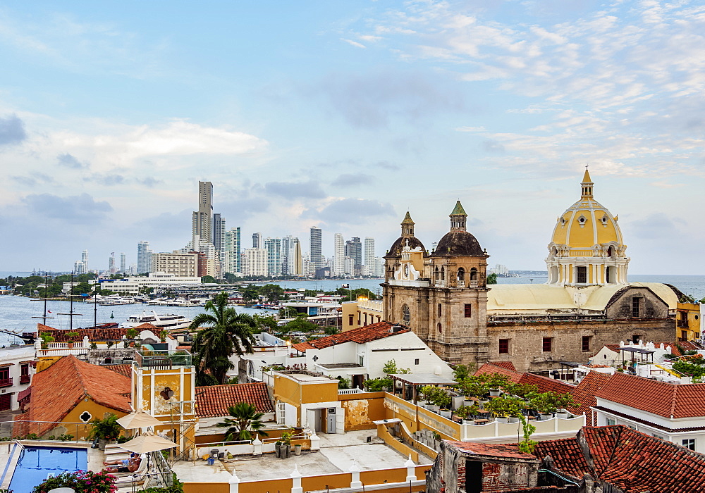 View over Old Town towards San Pedro Claver Church and Bocagrande, Cartagena, Bolivar Department, Colombia, South America