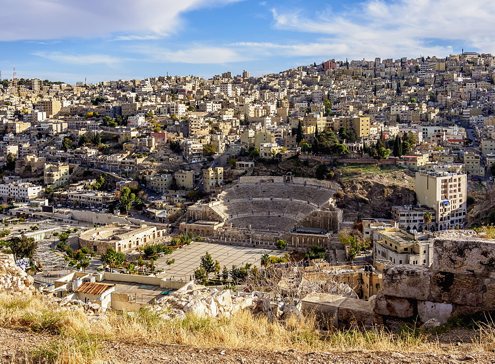 Roman Theatre and The Hashemite Plaza, elevated view, Amman, Amman Governorate, Jordan, Middle East