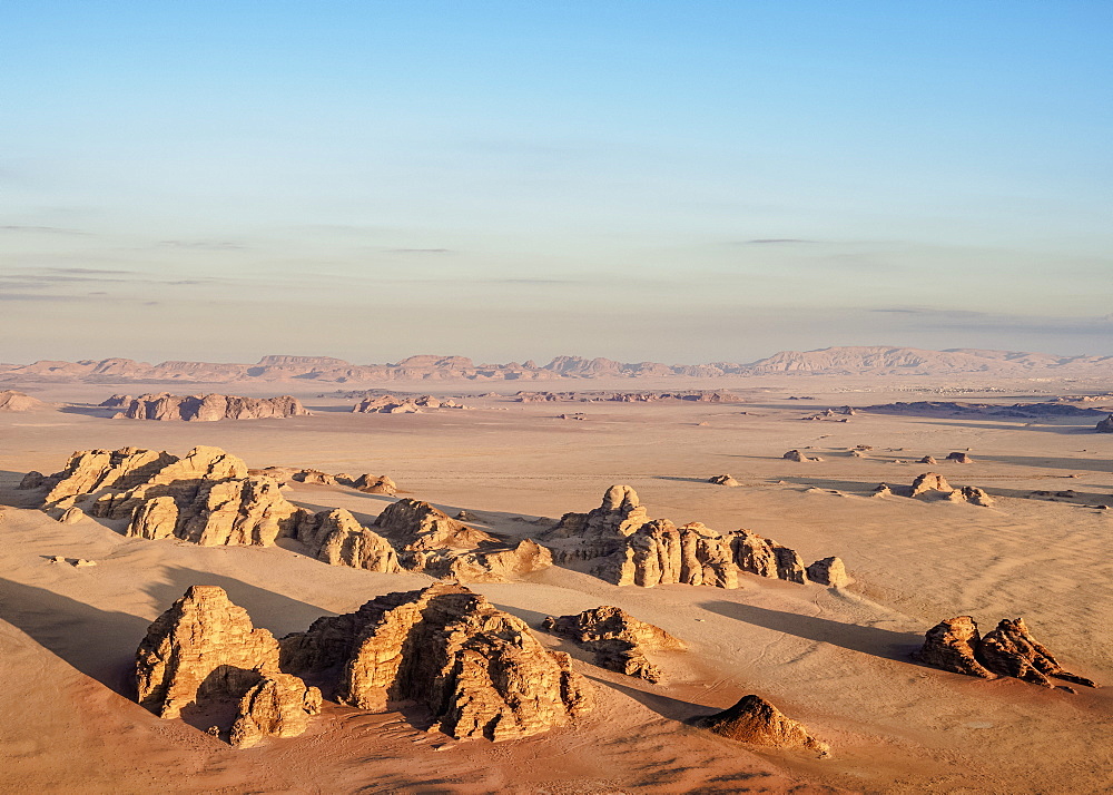 Landscape of Wadi Rum at sunrise, aerial view from a balloon, Aqaba Governorate, Jordan, Middle East