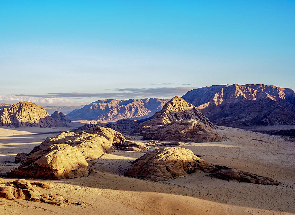 Landscape of Wadi Rum, aerial view from a balloon, Aqaba Governorate, Jordan, Middle East