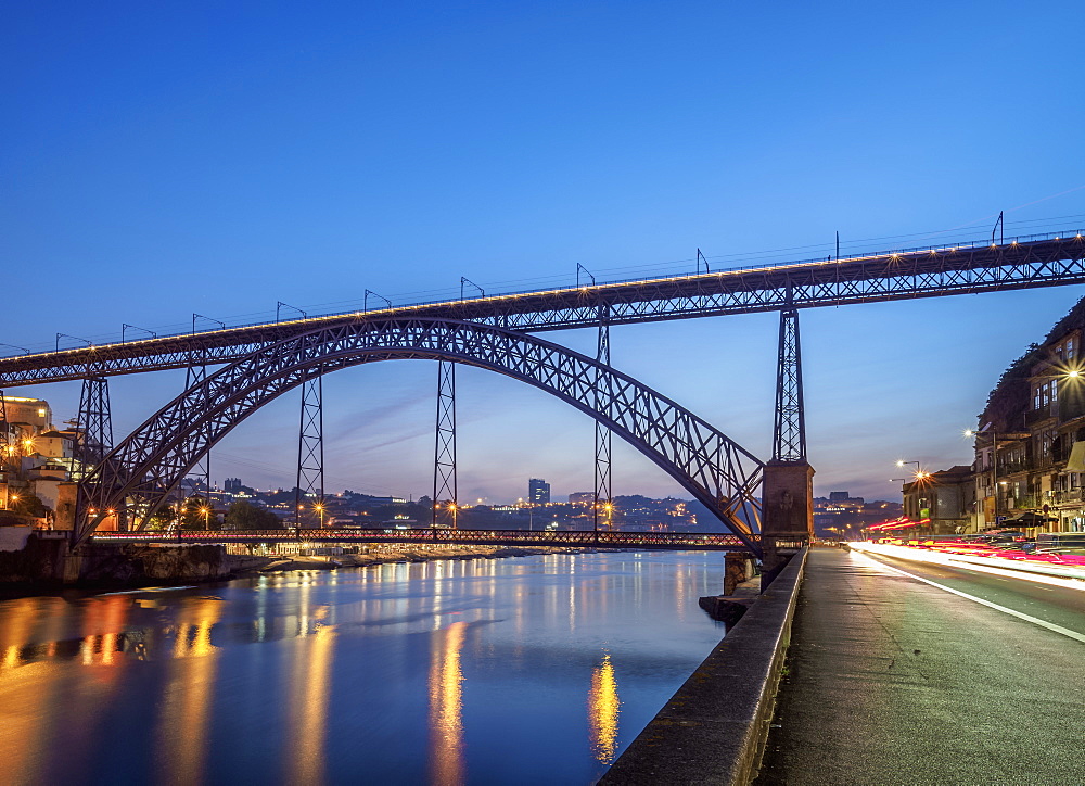 Dom Luis I Bridge and Douro River at dusk, Porto, Portugal, Europe