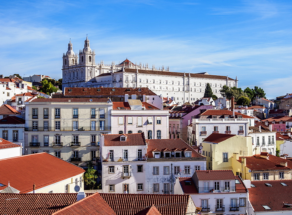 View towards the Monastery of Sao Vicente de Fora, Miradouro das Portas do Sol, Alfama, Lisbon, Portugal, Europe