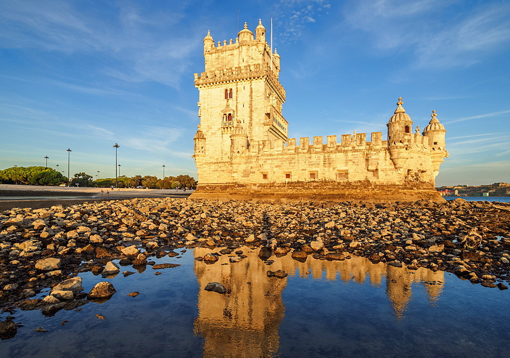 Belem Tower at sunset, UNESCO World Heritage Site, Lisbon, Portugal, Europe