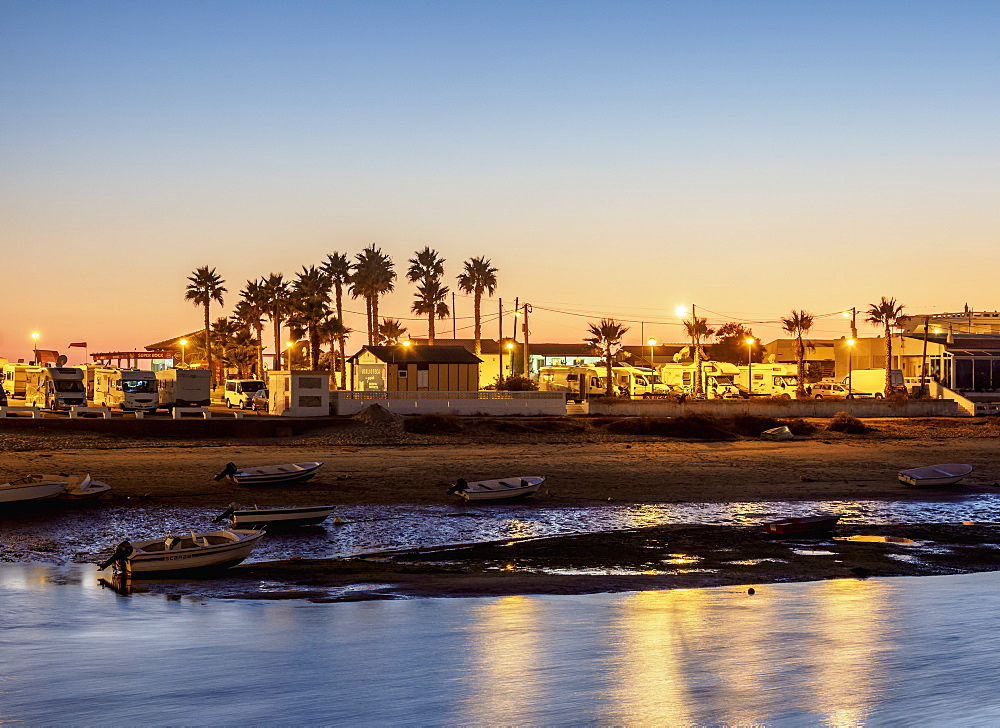 Ilha de Faro at dusk, Ria Formosa Natural Park, Faro, Algarve, Portugal, Europe