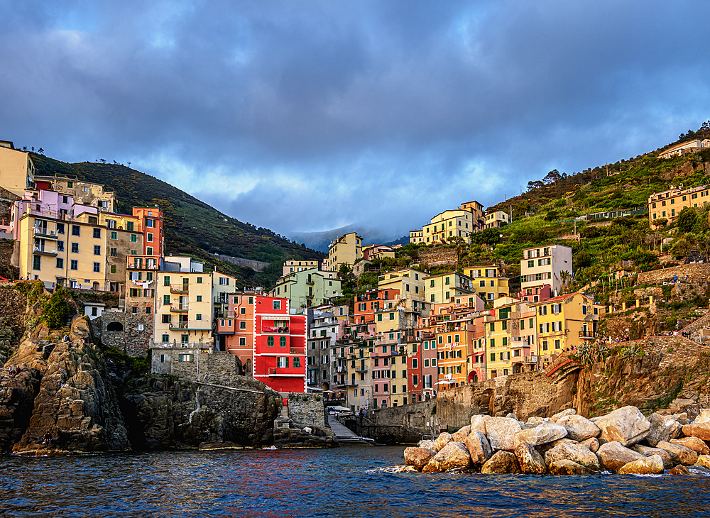 Riomaggiore Village at sunset, Cinque Terre, UNESCO World Heritage Site, Liguria, Italy, Europe