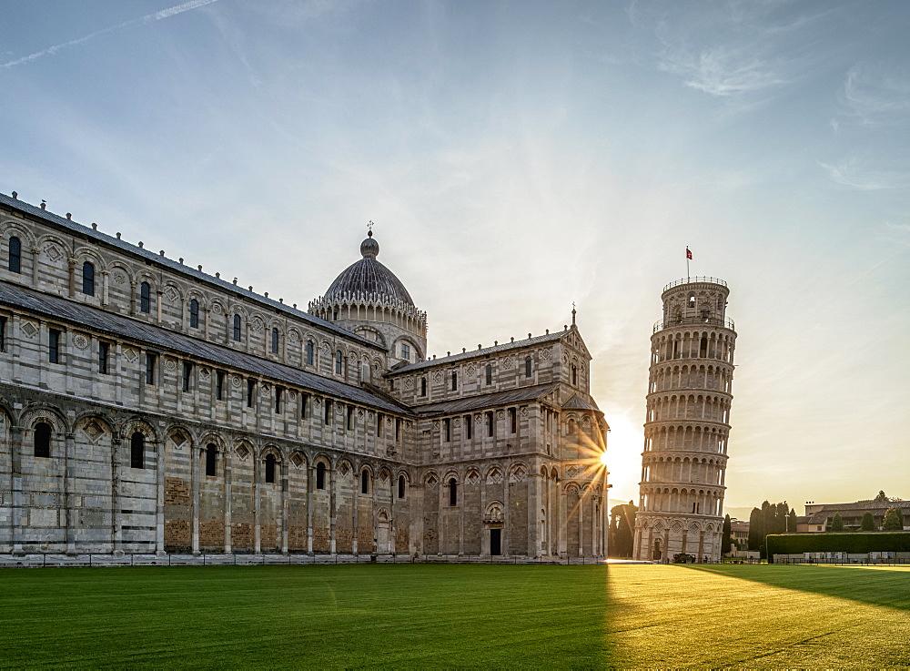 Cathedral and Leaning Tower at sunrise, Piazza dei Miracoli, UNESCO World Heritage Site, Pisa, Tuscany, Italy, Europe