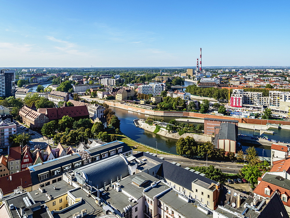 Skyline with Oder River, elevated view, Wroclaw, Lower Silesian Voivodeship, Poland, Europe