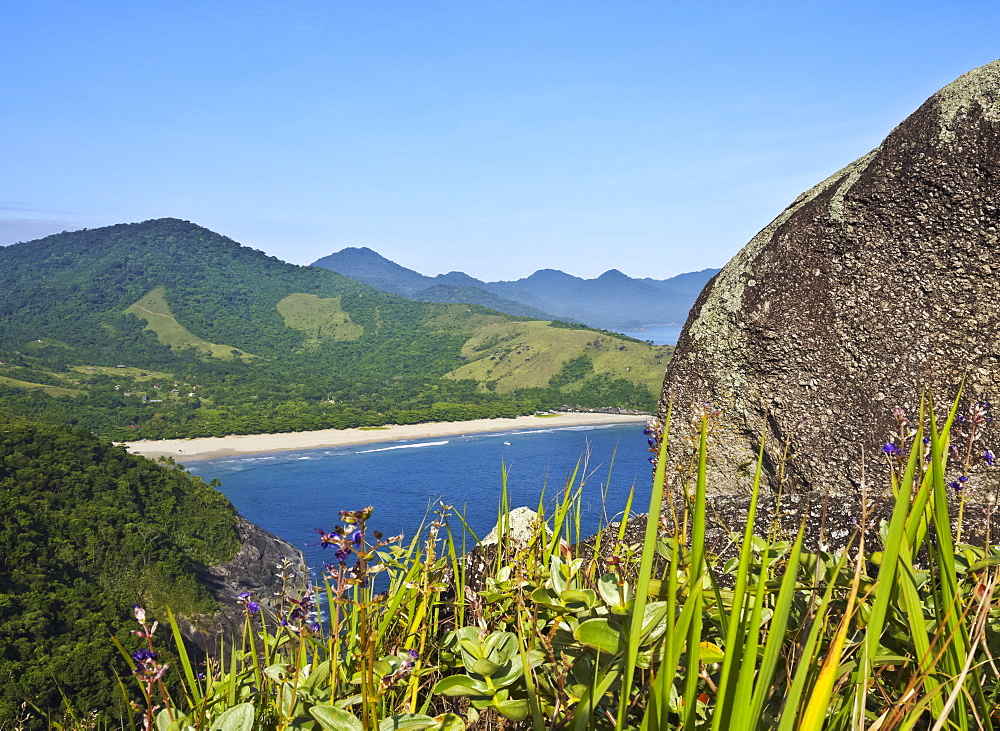 Elevated view of the beach in Bonete, Ilhabela Island, State of Sao Paulo, Brazil, South America