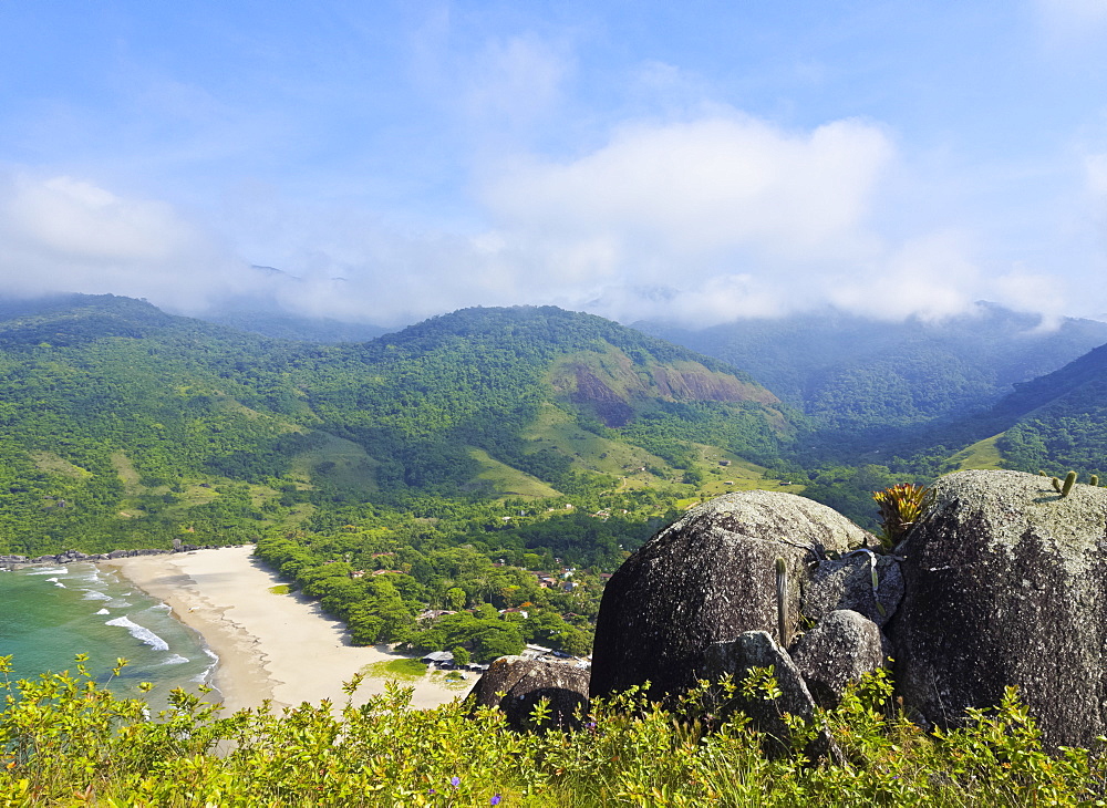 Elevated view of the beach in Bonete, Ilhabela Island, State of Sao Paulo, Brazil, South America