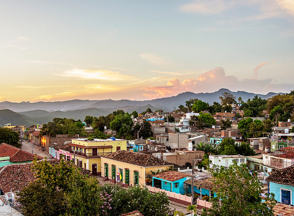 Townscape at sunset, elevated view, Trinidad, Sancti Spiritus Province, Cuba, West Indies, Caribbean, Central America