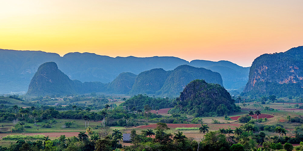 Vinales Valley at sunset, elevated view, UNESCO World Heritage Site, Pinar del Rio Province, Cuba, West Indies, Caribbean, Central America