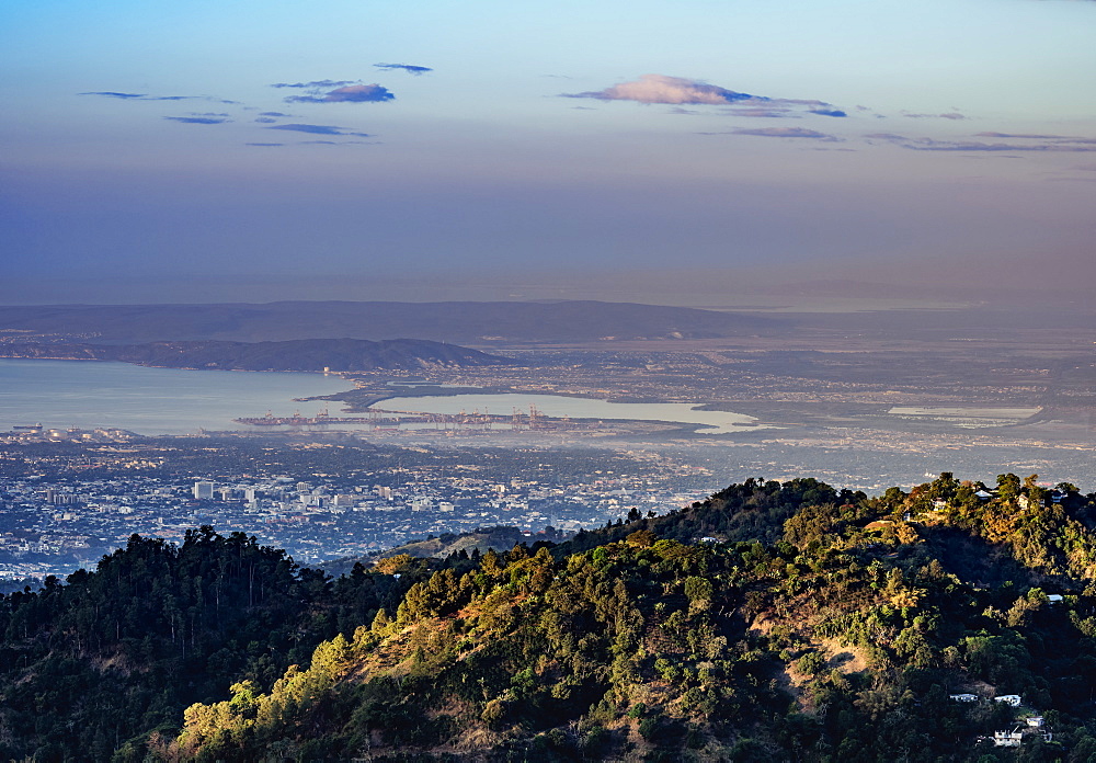 View over Blue Mountains towards Kingston at sunrise, Saint Andrew Parish, Jamaica, West Indies, Caribbean, Central America