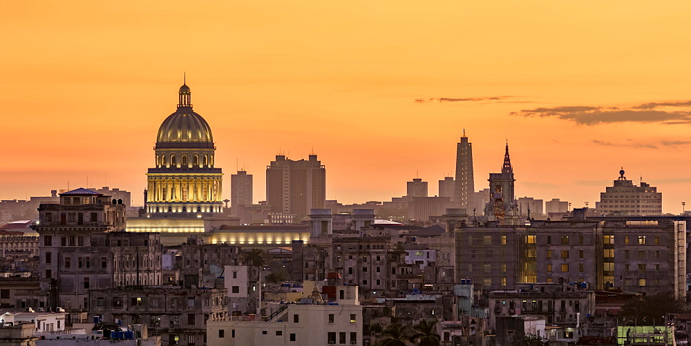 View over Habana Vieja towards El Capitolio at sunset, Havana, La Habana Province, Cuba, West Indies, Central America