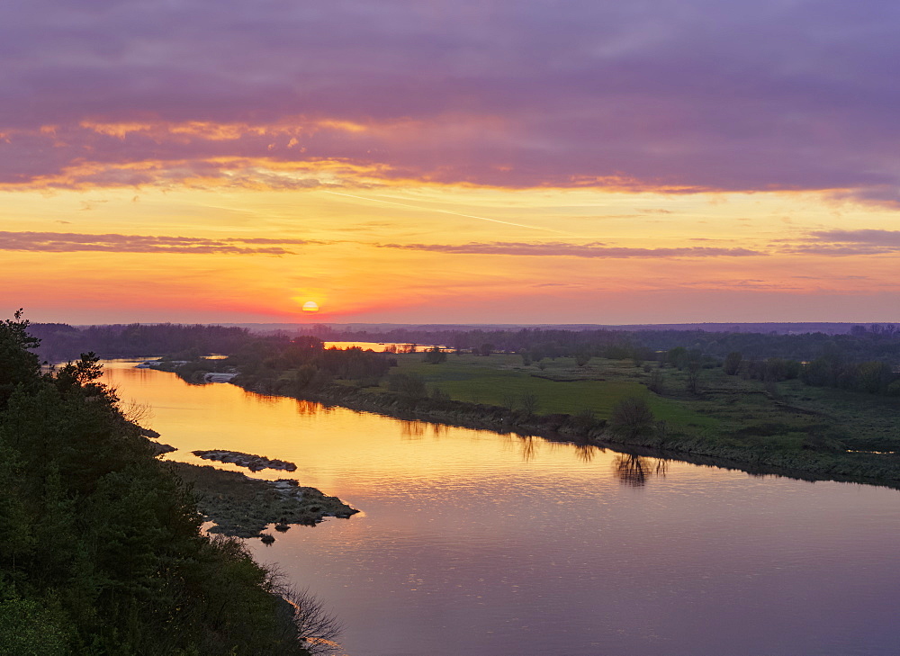 The Vistula River and Krowia Wyspa Nature Reserve at sunset, elevated view, Mecmierz, Lublin Voivodeship, Poland, Europe