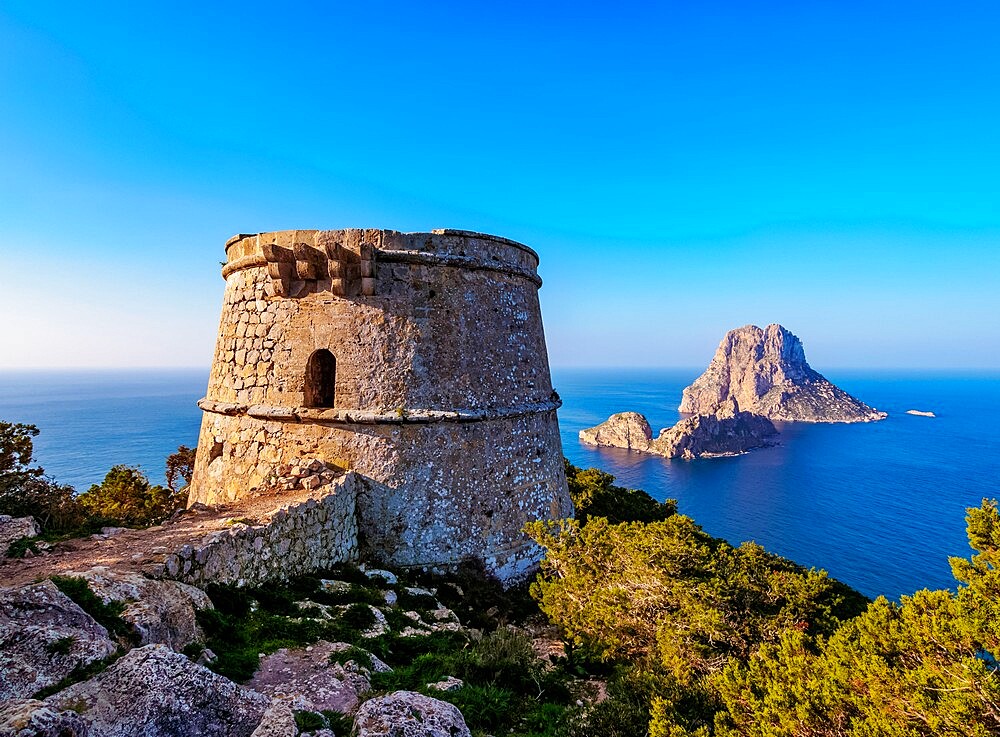 Torre des Savinar and Es Vedra Island, Ibiza, Balearic Islands, Spain, Mediterranean, Europe