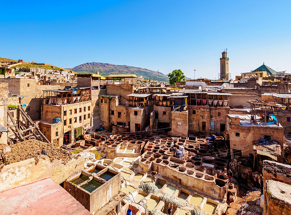 Merveilles de Cuir Tannery inside the Old Medina, elevated view, Fes, Fez-Meknes Region, Morocco, North Africa, Africa