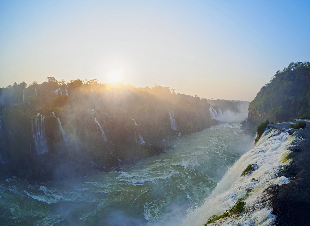 View of the Iguazu Falls at sunset, UNESCO World Heritage Site, Foz do Iguacu, State of Parana, Brazil, South America