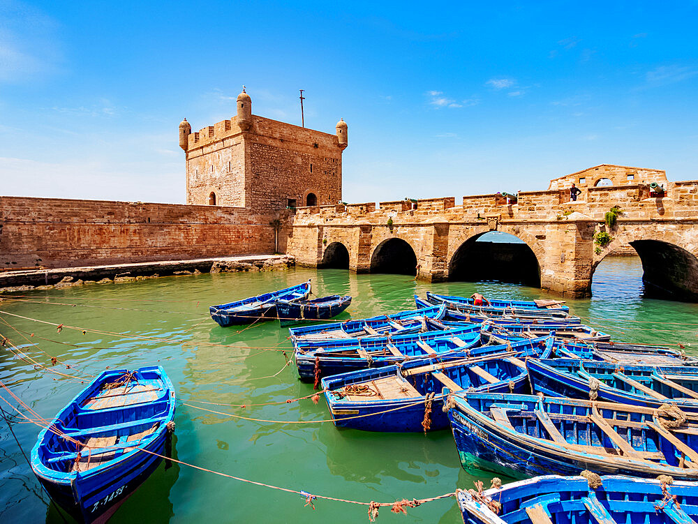 Blue boats in the Scala Harbour and the Citadel, Essaouira, Marrakesh-Safi Region, Morocco, North Africa, Africa