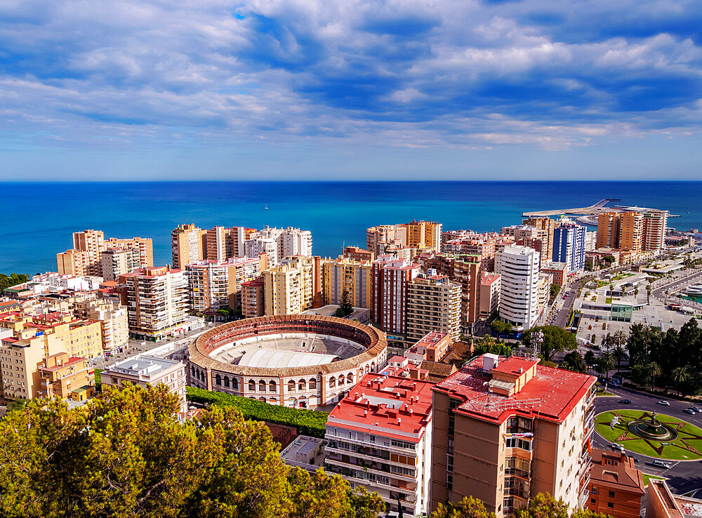 Cityscape with the Malagueta Bullring Stadium, Malaga, Andalusia, Spain, Europe