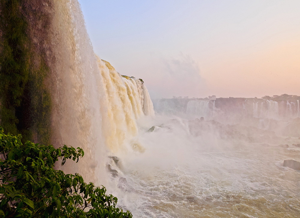 View of the Iguazu Falls at sunset, UNESCO World Heritage Site, Foz do Iguacu, State of Parana, Brazil, South America