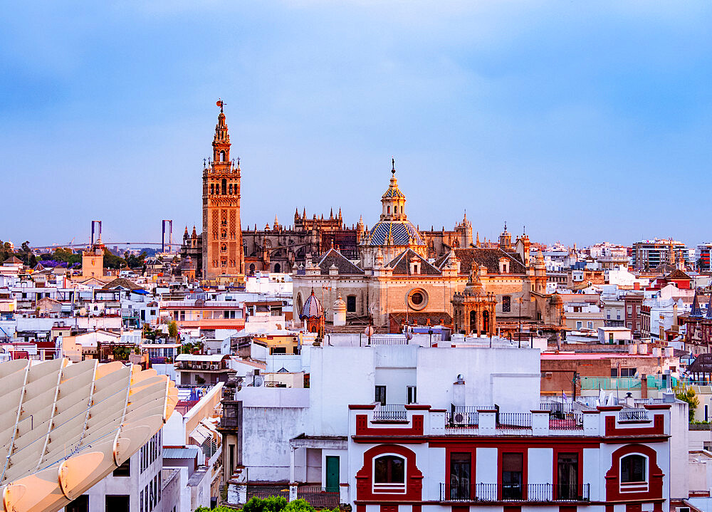 View from Metropol Parasol towards The Church of the Divine Savior and The Cathedral at sunset, Seville, Andalusia, Spain, Europe