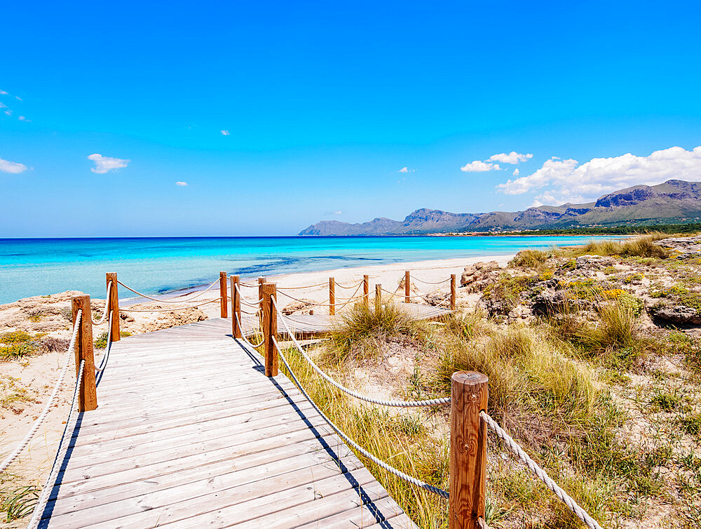 Jetty to S'Arenal Beach, Alcudia Bay, Son Serra de Marina, Mallorca (Majorca), Balearic Islands, Spain, Mediterranean, Europe