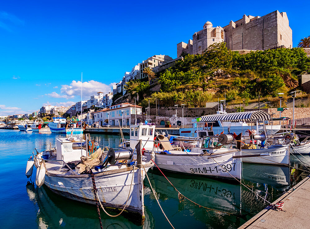 Boats in port and Saint Francis Monastery, Mahon(Mao), Menorca (Minorca), Balearic Islands, Spain, Mediterranean, Europe