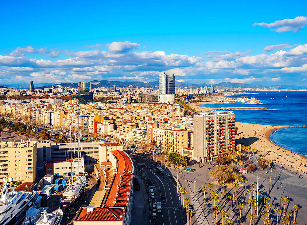 Cityscape with the coastline and Barceloneta Beach, elevated view, Barcelona, Catalonia, Spain, Europe