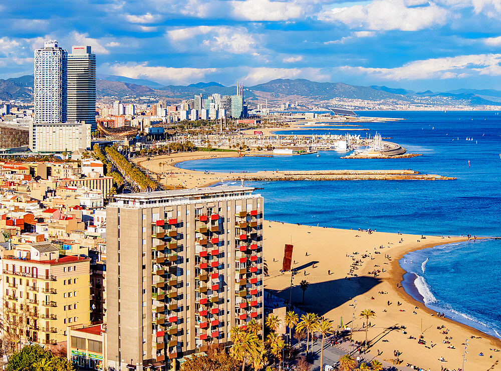 Cityscape with the coastline and Barceloneta Beach, elevated view, Barcelona, Catalonia, Spain, Europe